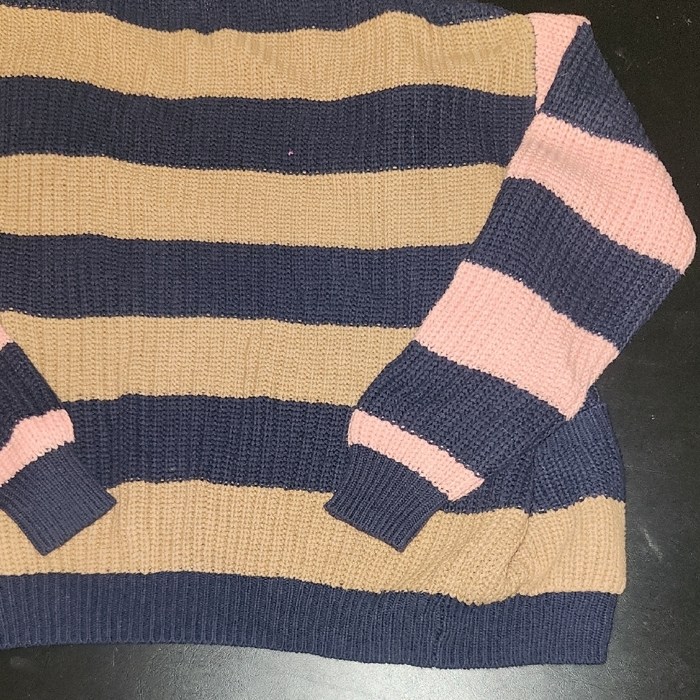 Navy and Tan Striped Classic Buttonup Small Casual Cardigan Sweater - Picture 7 of 7